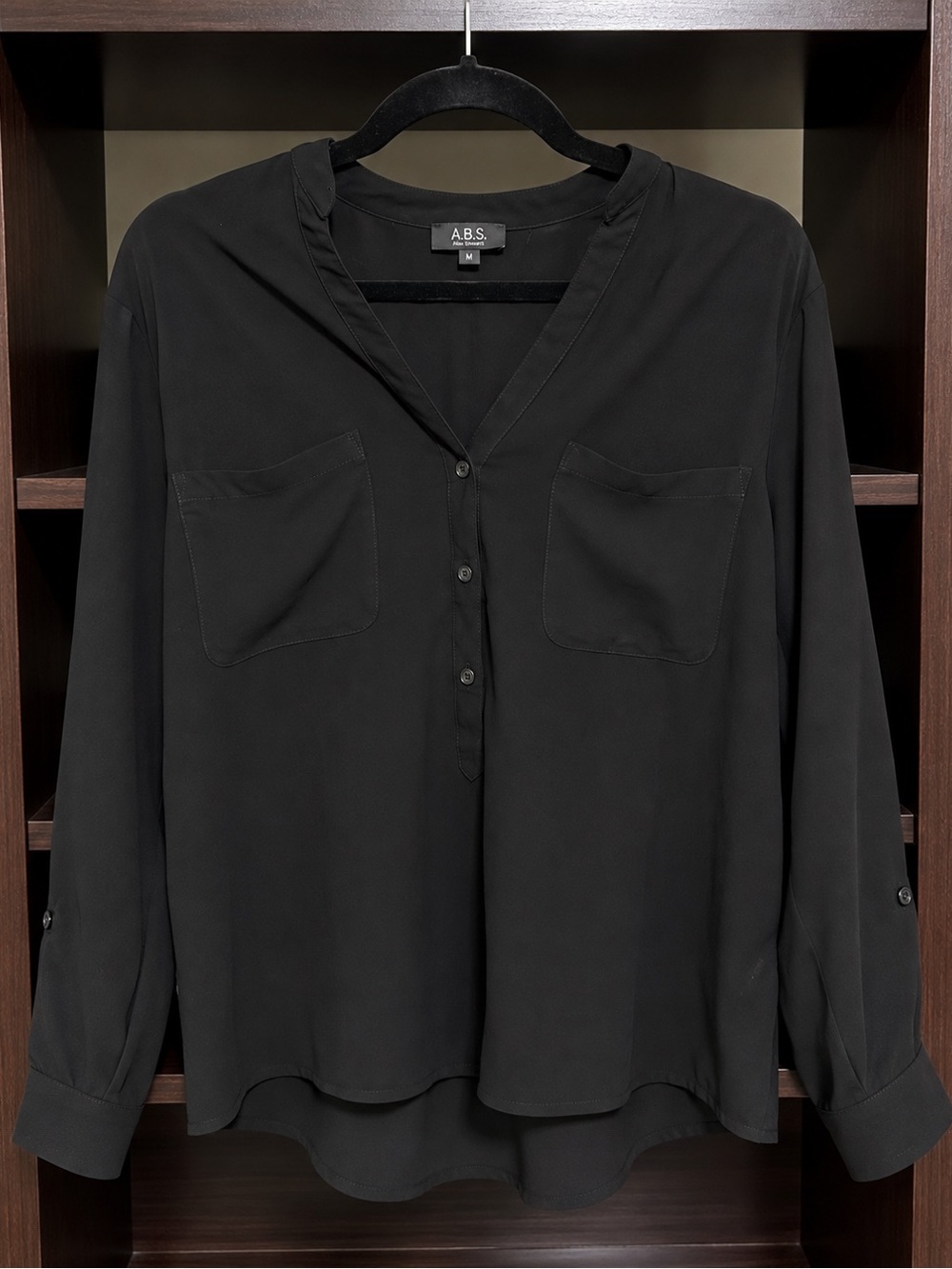 A.B.S. Black V-Neck Button-Front Shirt with Patch Pockets
